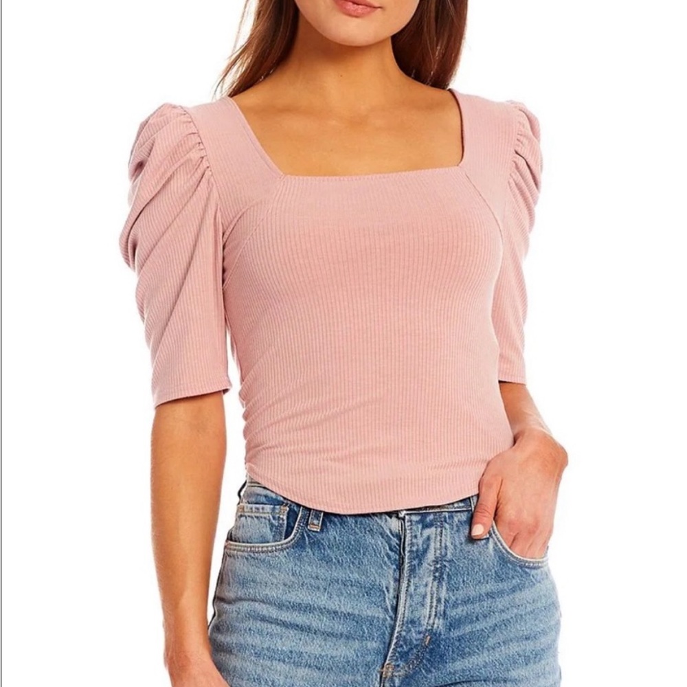 Free People Night Lily Puff Shoulder Ribbed Top in Pale Mauve Size Medium